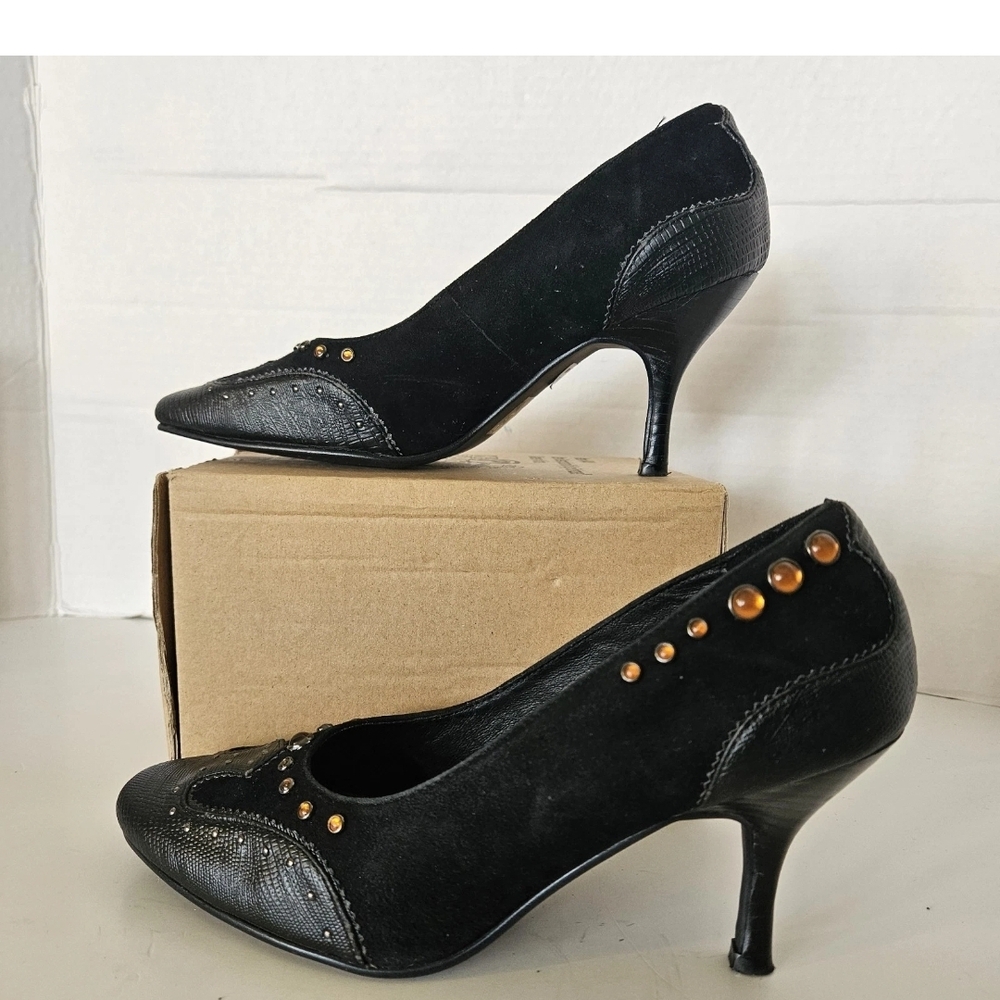 Daniel Hechter High Heels Womens Size 9 Black Orange Studded Leather Pumps Shoes